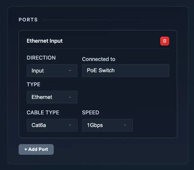 Smart Home Planner device ports screenshot