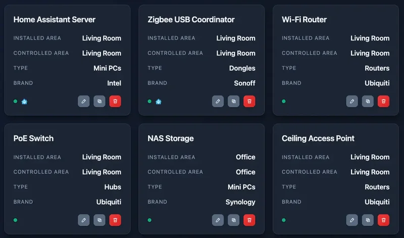 Smart Home Planner devices cards screenshot