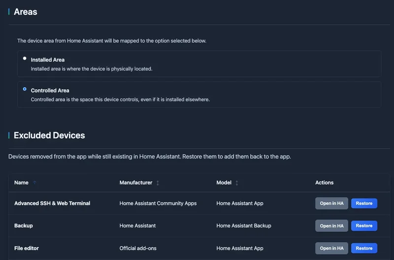 Smart Home Planner Home Assistant settings screenshot